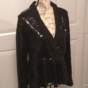Black Sequin Peplum Cross Lapeled Blouse